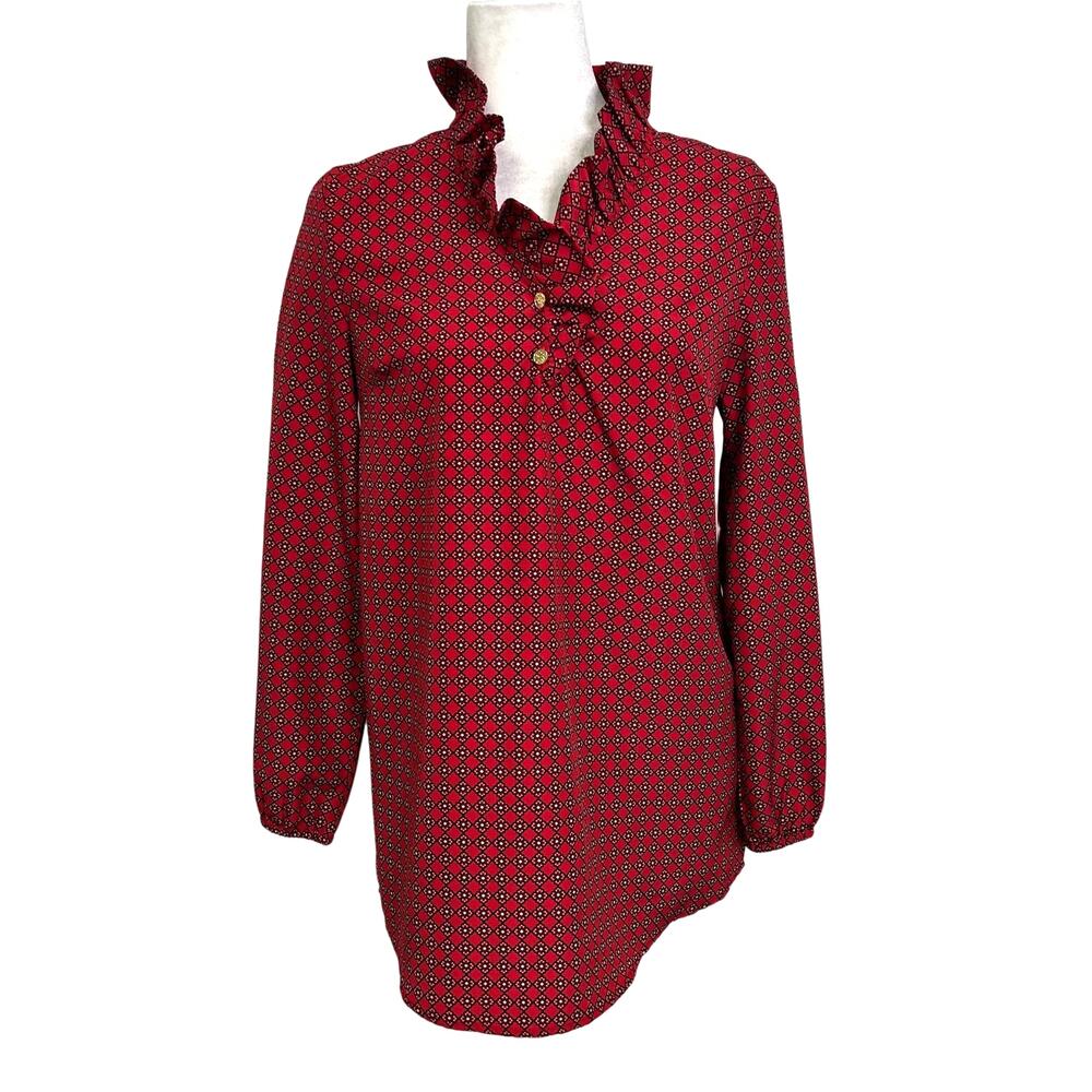 Mudpie Red Ruffle Neck Long Sleeve Popover Shirt Womens XS